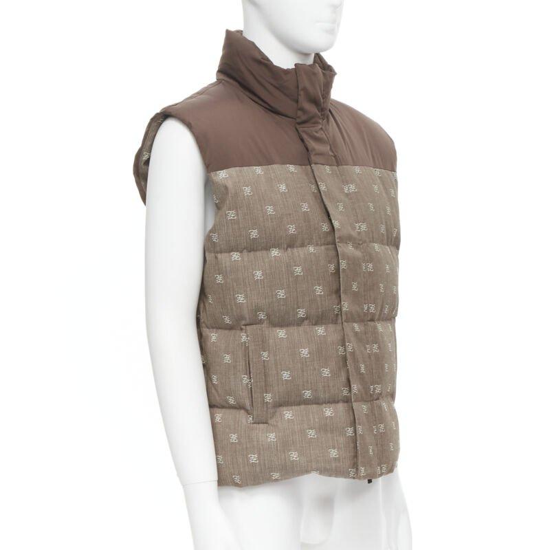Gray FENDI script FF Zucca monogram jacquard cotton down puffer vest jacket EU46 For Sale