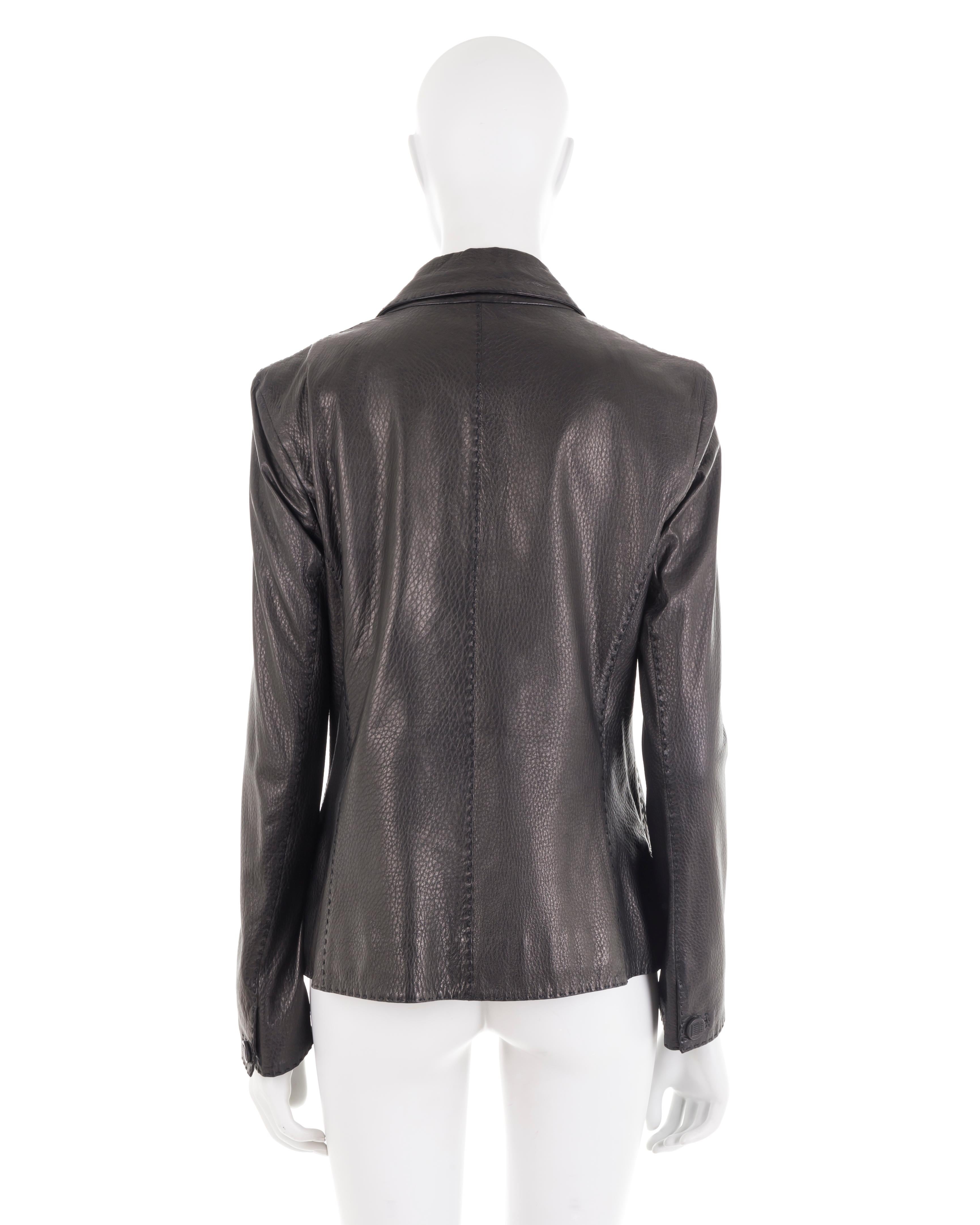 Black Fendi Selleria black handmade grained leather blazer jacket For Sale