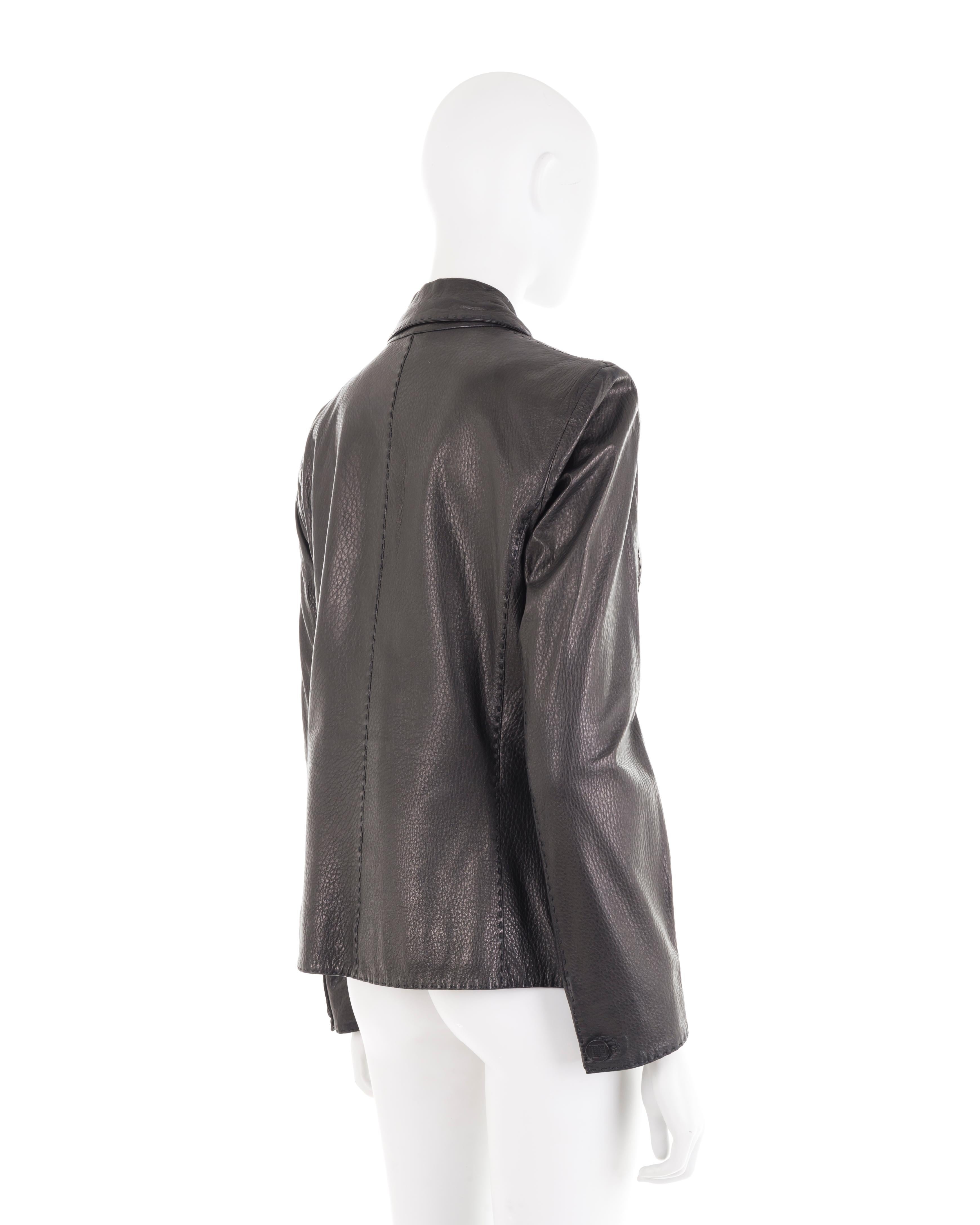 Fendi Selleria black handmade grained leather blazer jacket In Excellent Condition For Sale In Rome, IT