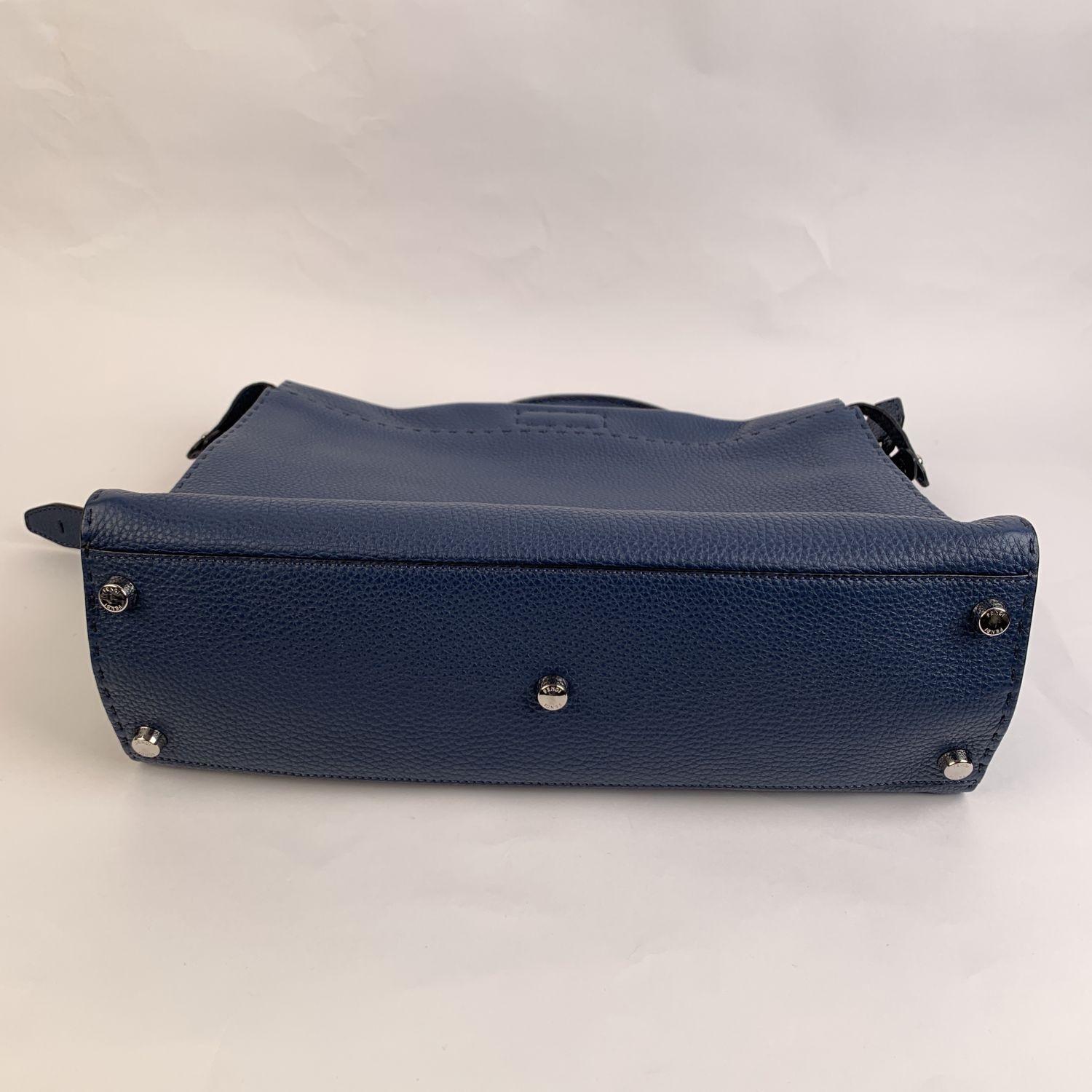 Black Fendi Selleria Blue Leather Peekaboo Iconic Medium Tote Satchel Bag