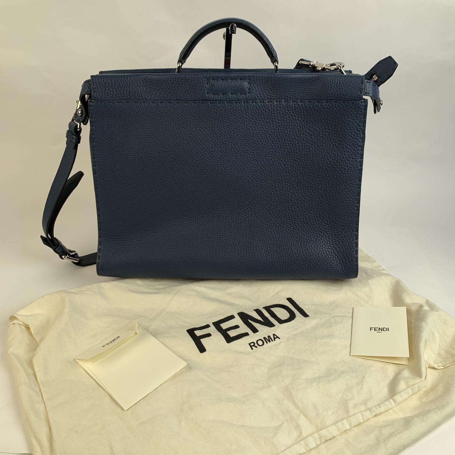 Fendi Selleria Blue Leather Peekaboo Iconic Medium Tote Satchel Bag 2