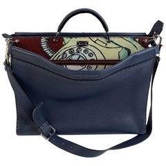 Fendi Selleria Blue Leather Peekaboo Iconic Medium Tote Satchel Bag