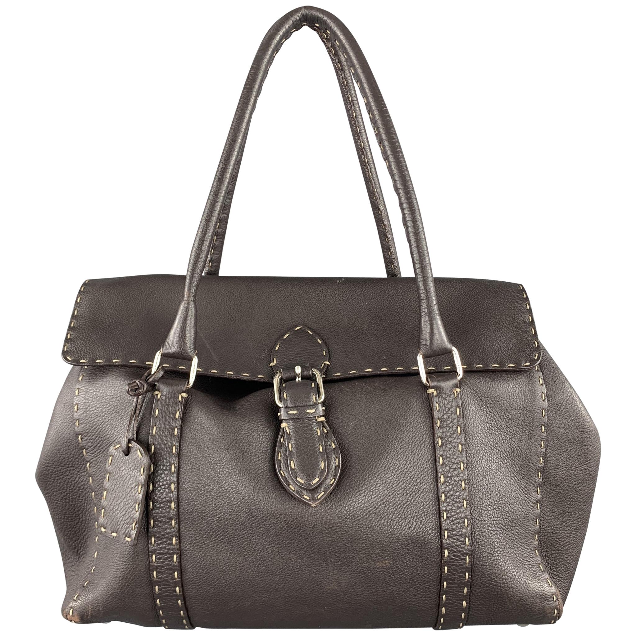 FENDI Selleria Brown leather Contrast Stitch Borsa Linda Grande Handbag