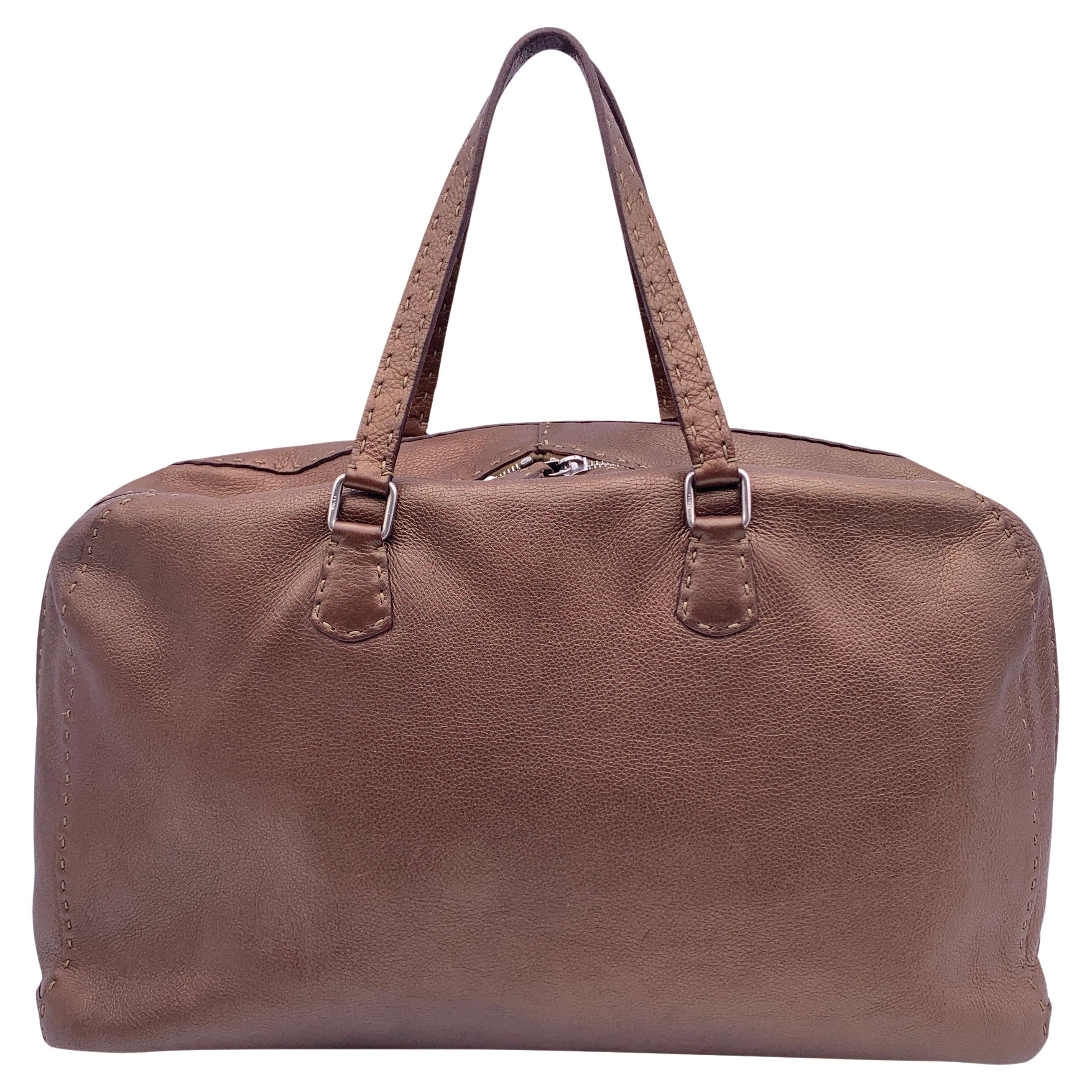 Fendi Selleria Marrone Metallic Leather Large Satchel Handbag Duffle in vendita