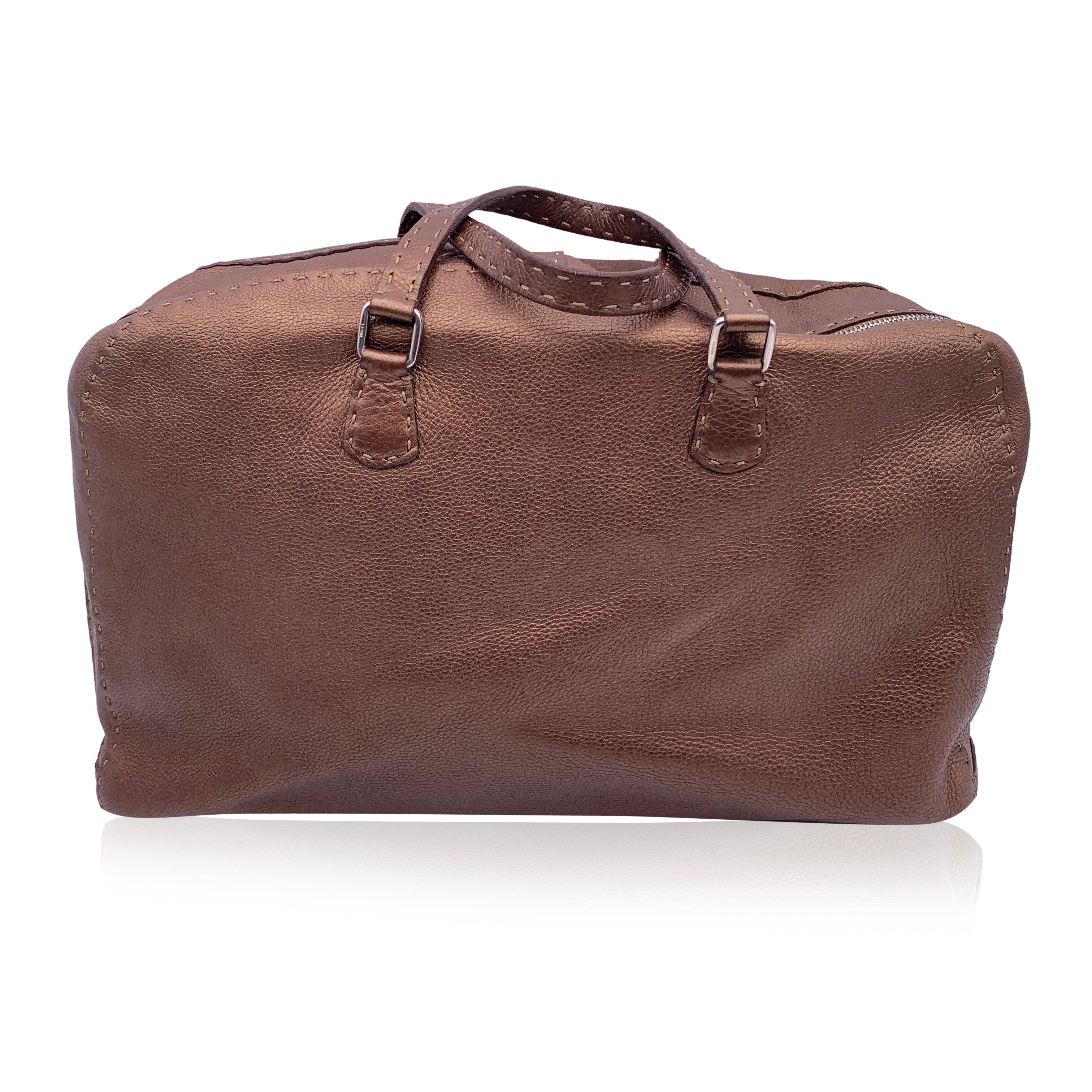 Fendi Selleria Brown Metallic Leather Weekender Bag Satchel In Good Condition For Sale In Rome, Rome