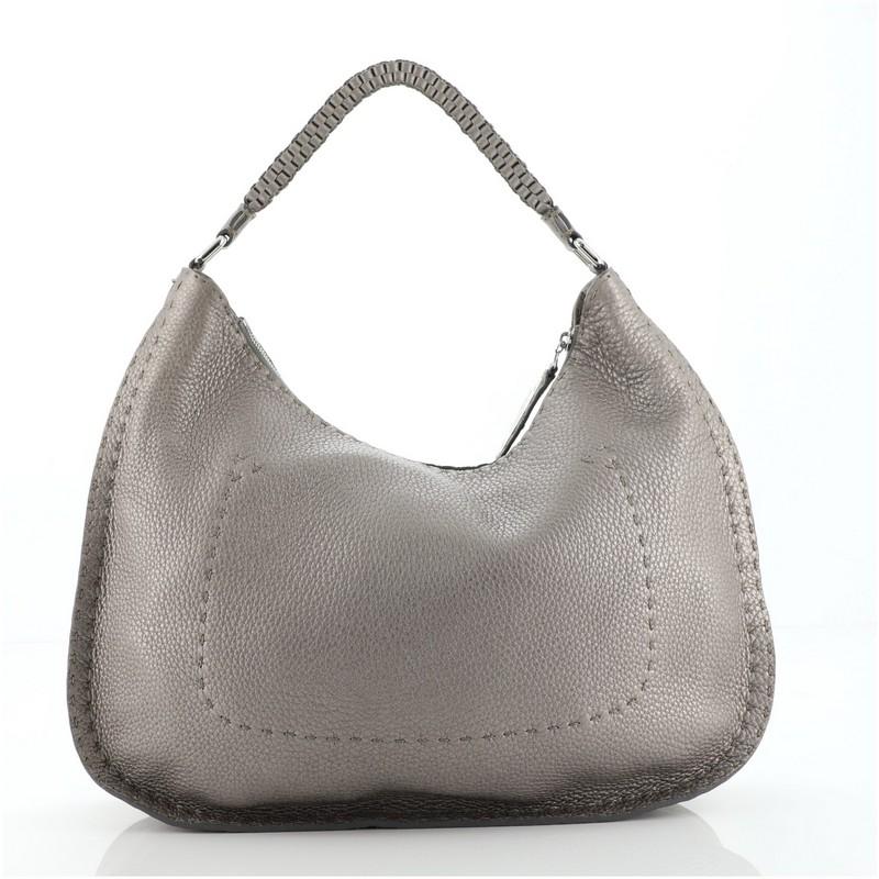Gray Fendi Selleria Logo Hobo Leather Large