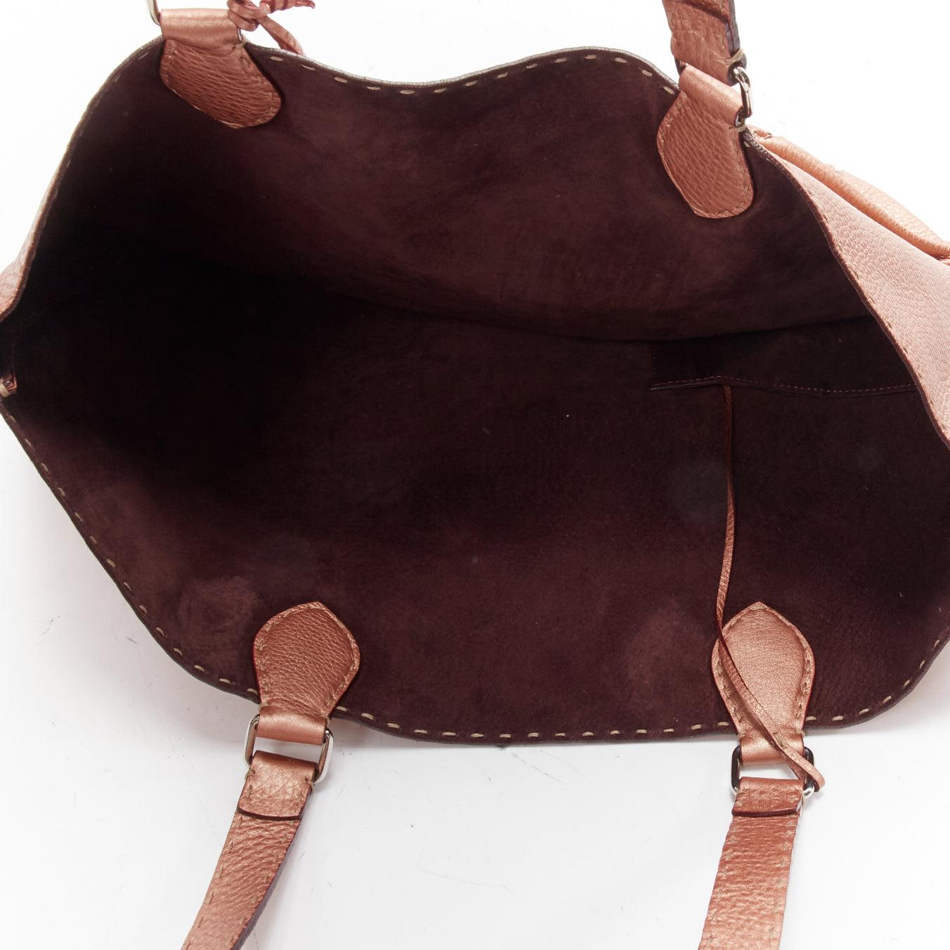 FENDI Selleria metallic rose bronze grained leather signature stitch tote bag For Sale 5