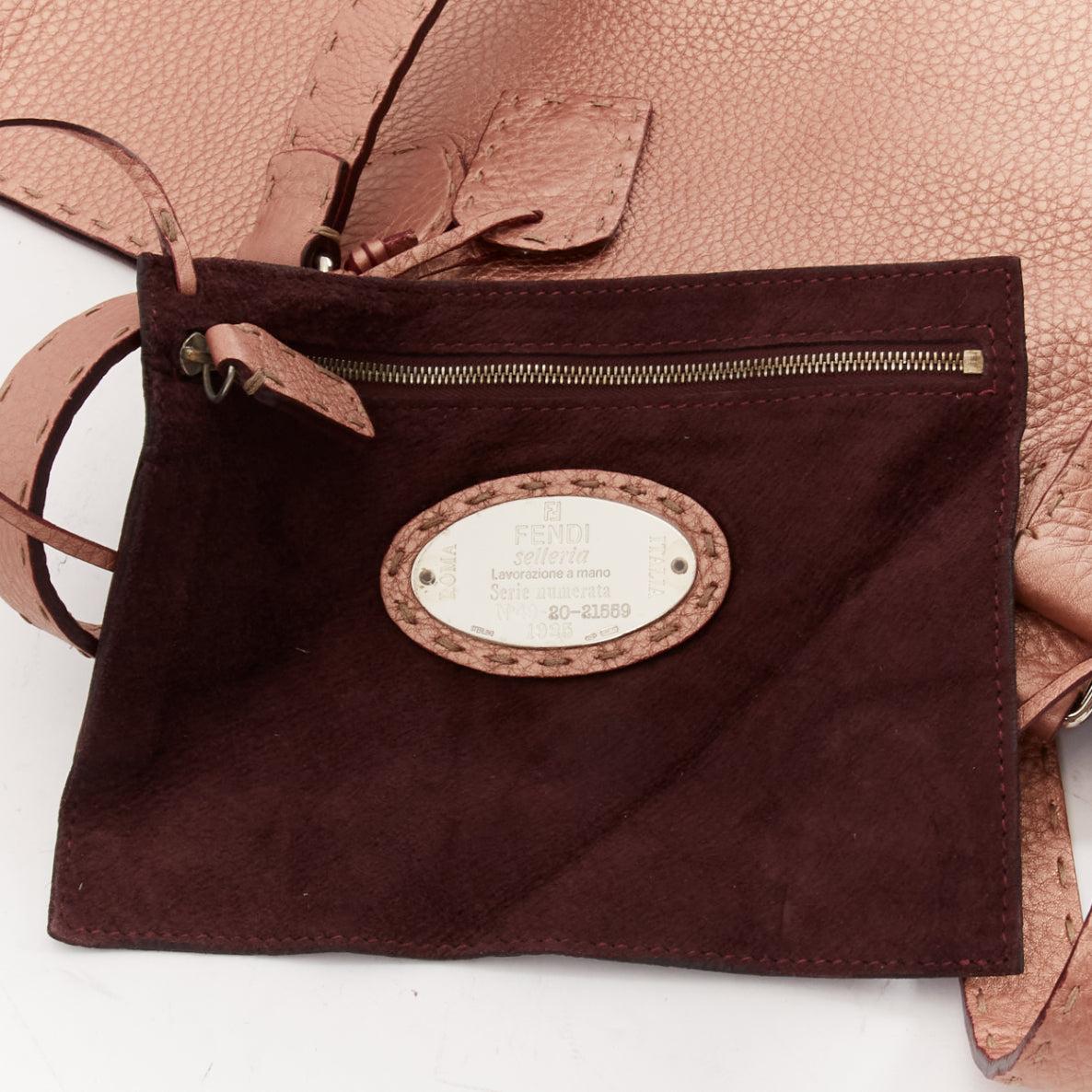 FENDI Selleria metallic rose bronze grained leather signature stitch tote bag For Sale 6