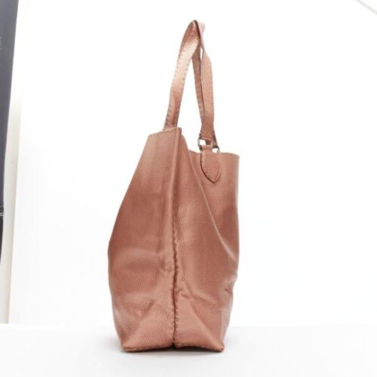 FENDI Selleria metallic rose bronze grained leather signature stitch tote bag In Fair Condition For Sale In Hong Kong, NT
