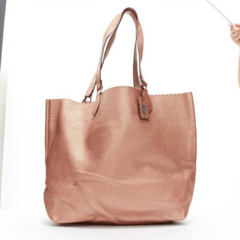Women's FENDI Selleria metallic rose bronze grained leather signature stitch tote bag For Sale