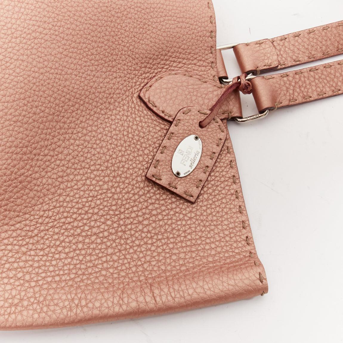 FENDI Selleria metallic rose bronze grained leather signature stitch tote bag For Sale 2