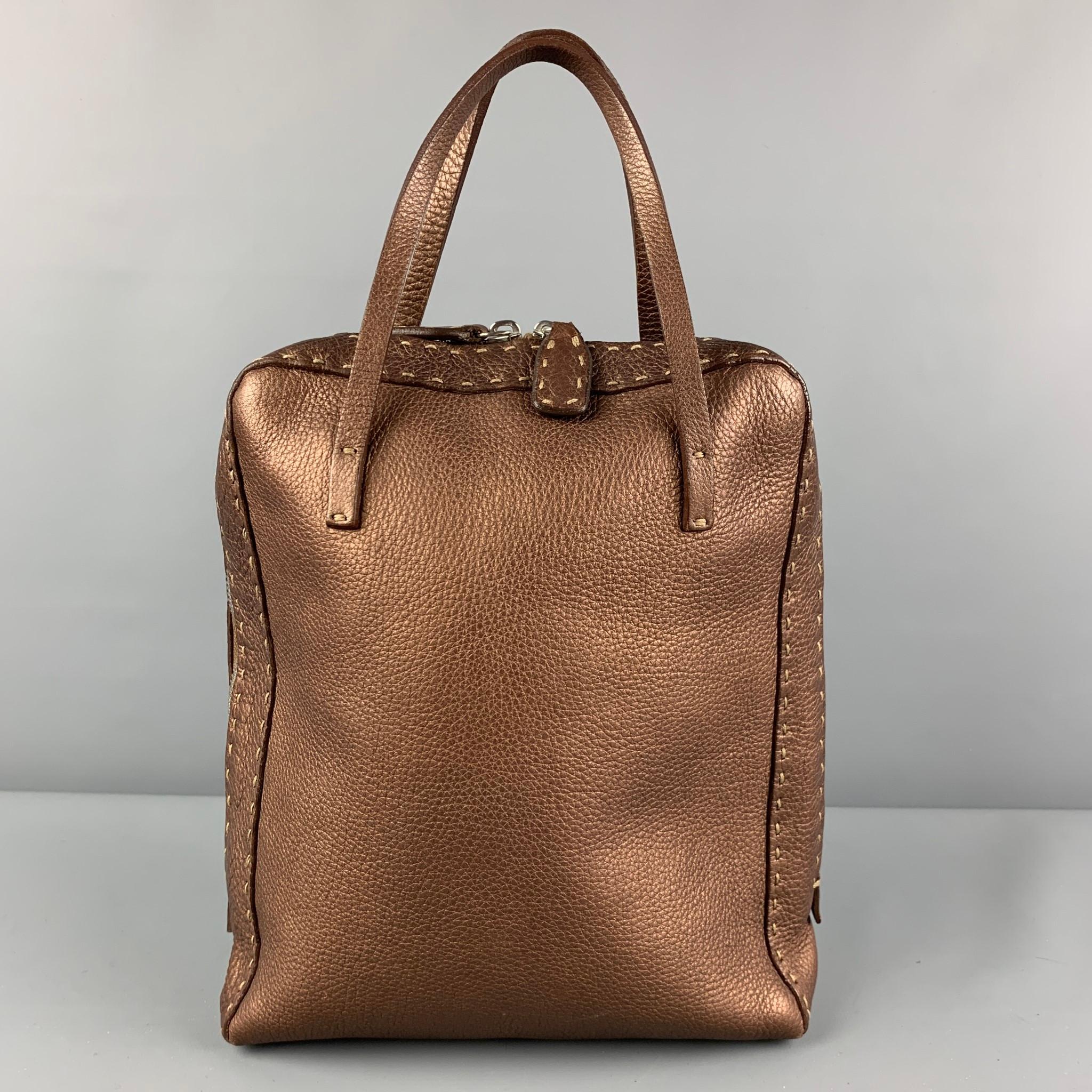 Brown FENDI SELLERIA N49-11859 Copper Contrast Stitch Pebble Grain Leather Handbag