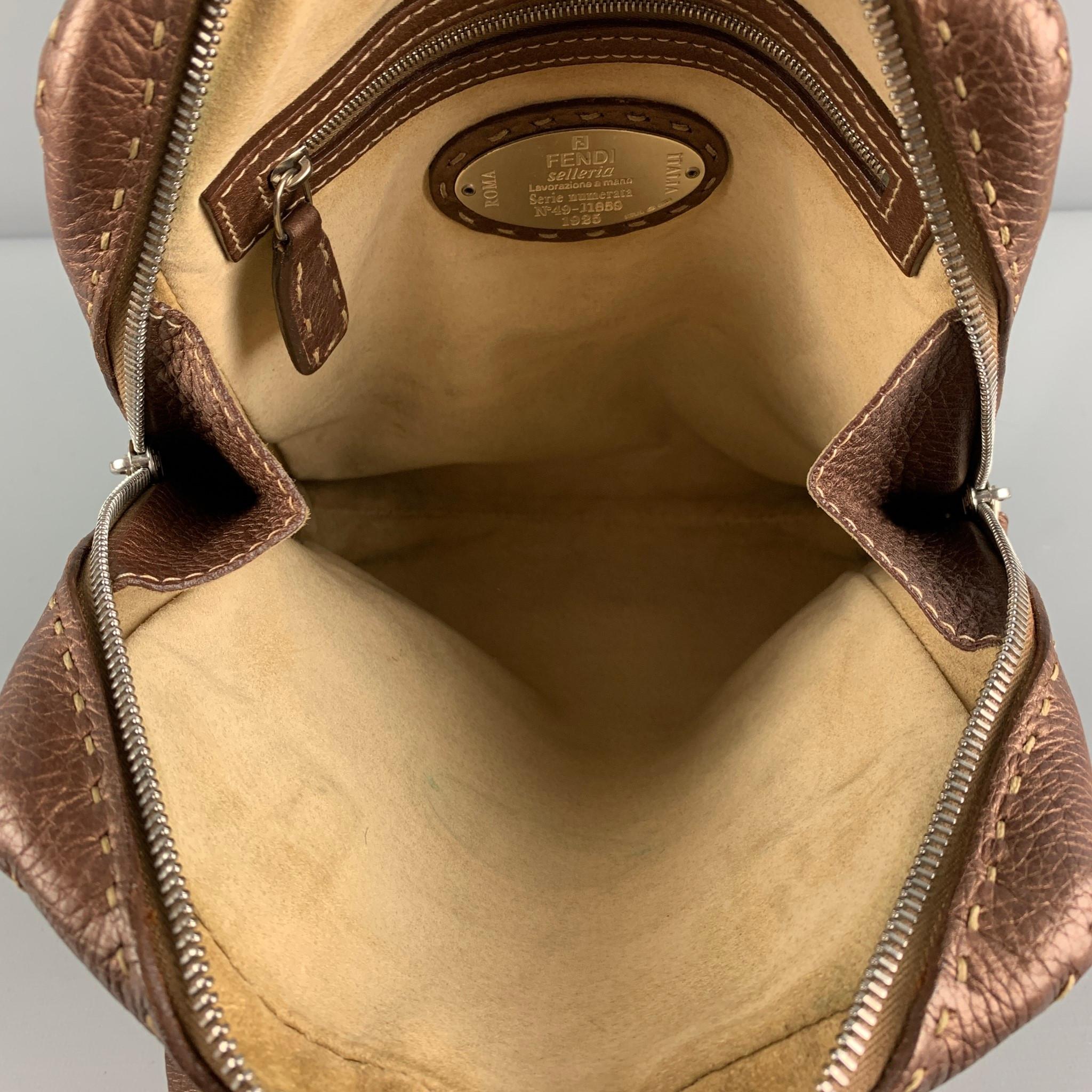 Men's FENDI SELLERIA N49-11859 Copper Contrast Stitch Pebble Grain Leather Handbag
