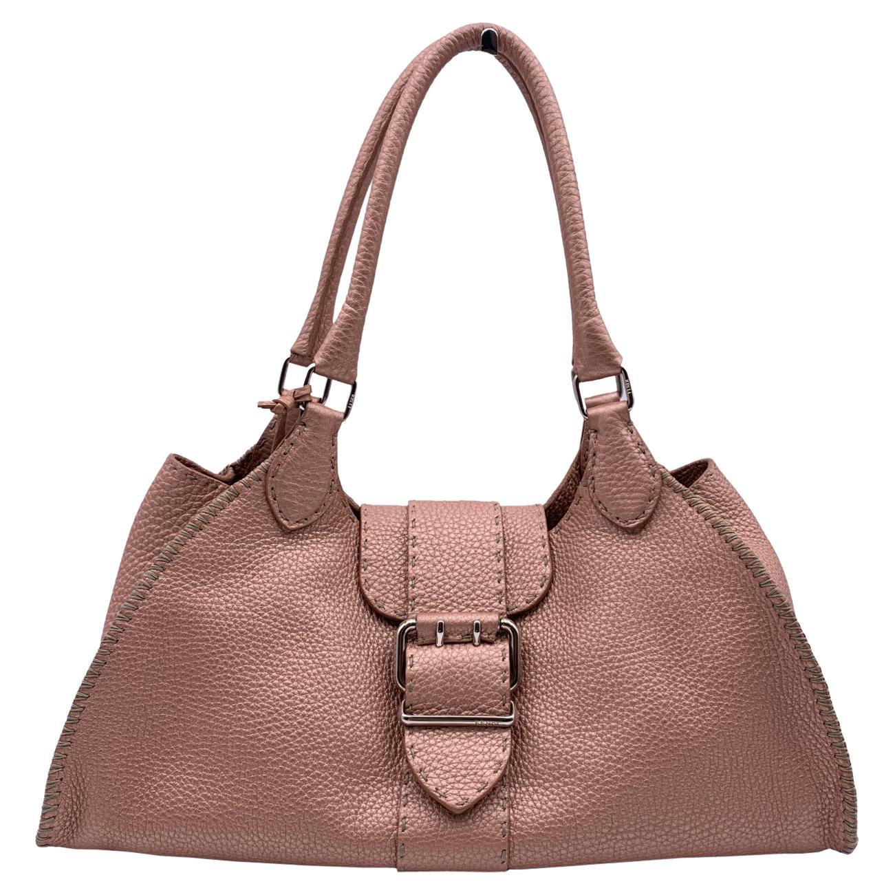 Fendi Selleria Pink Metallic Leather Sporty Hobo Shoulder Bag For Sale