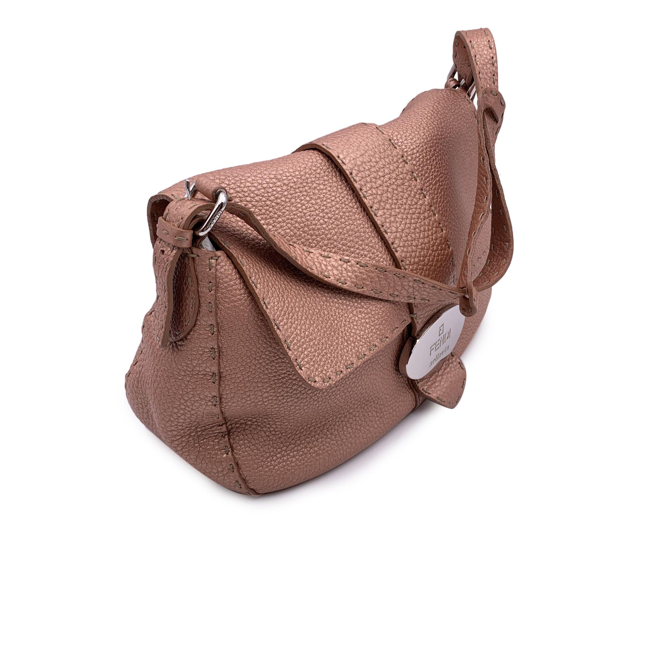 Brown Fendi Selleria Pink Rose Metallic Leather Flap Shoulder Bag