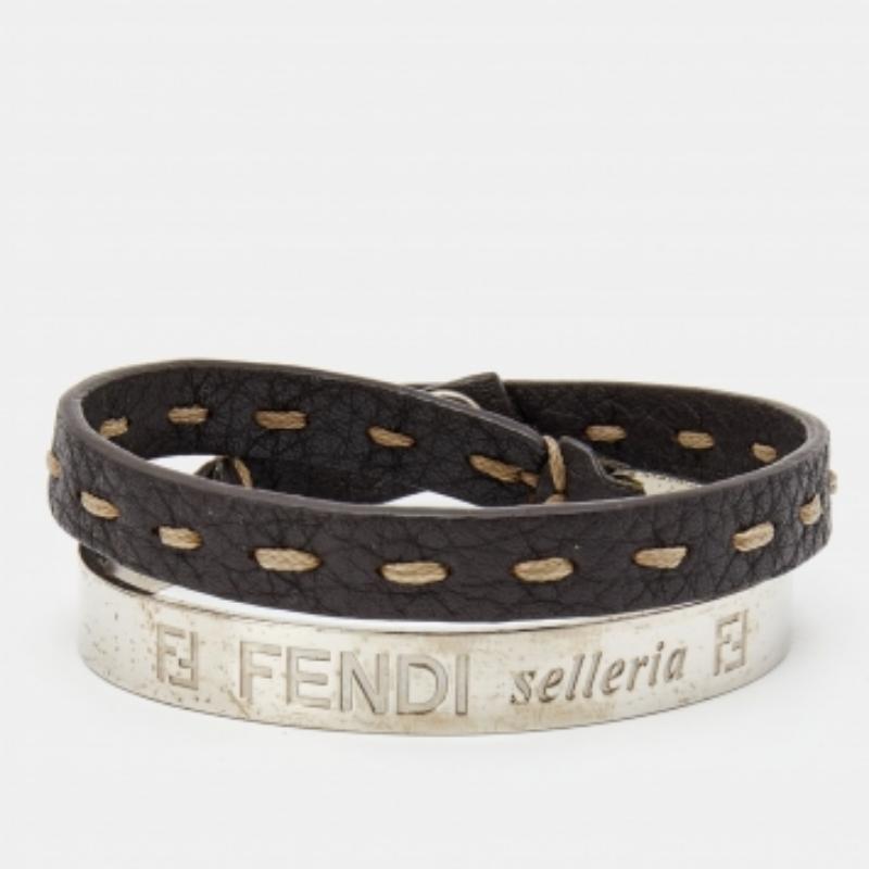 Fendi Selleria Silberton Manschette & Metallic-Leder Doppel-Wickel-Armband Damen im Angebot