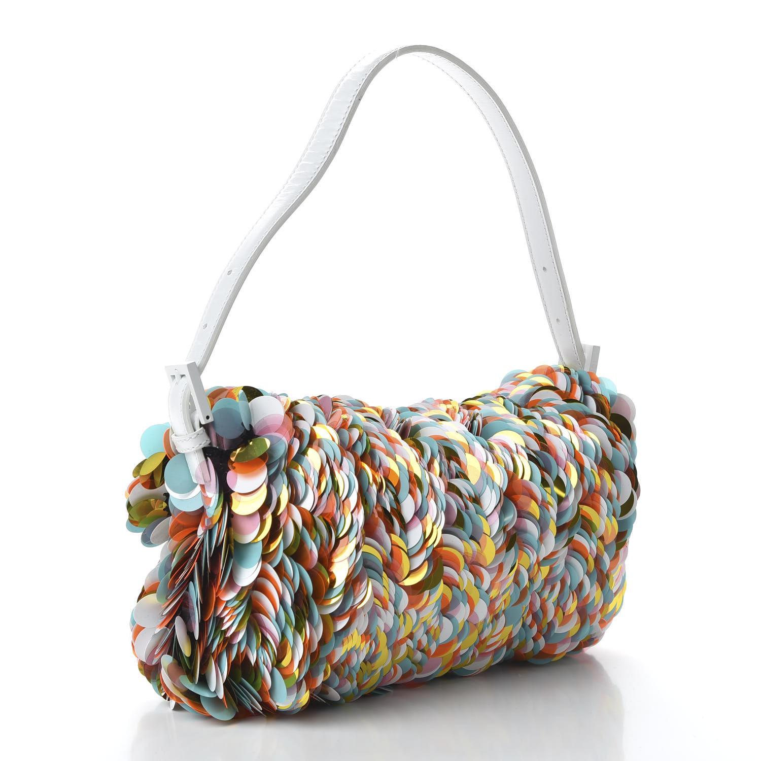Gray Fendi Sequin Maxi Multicoloured Paillettes Baguette White For Sale