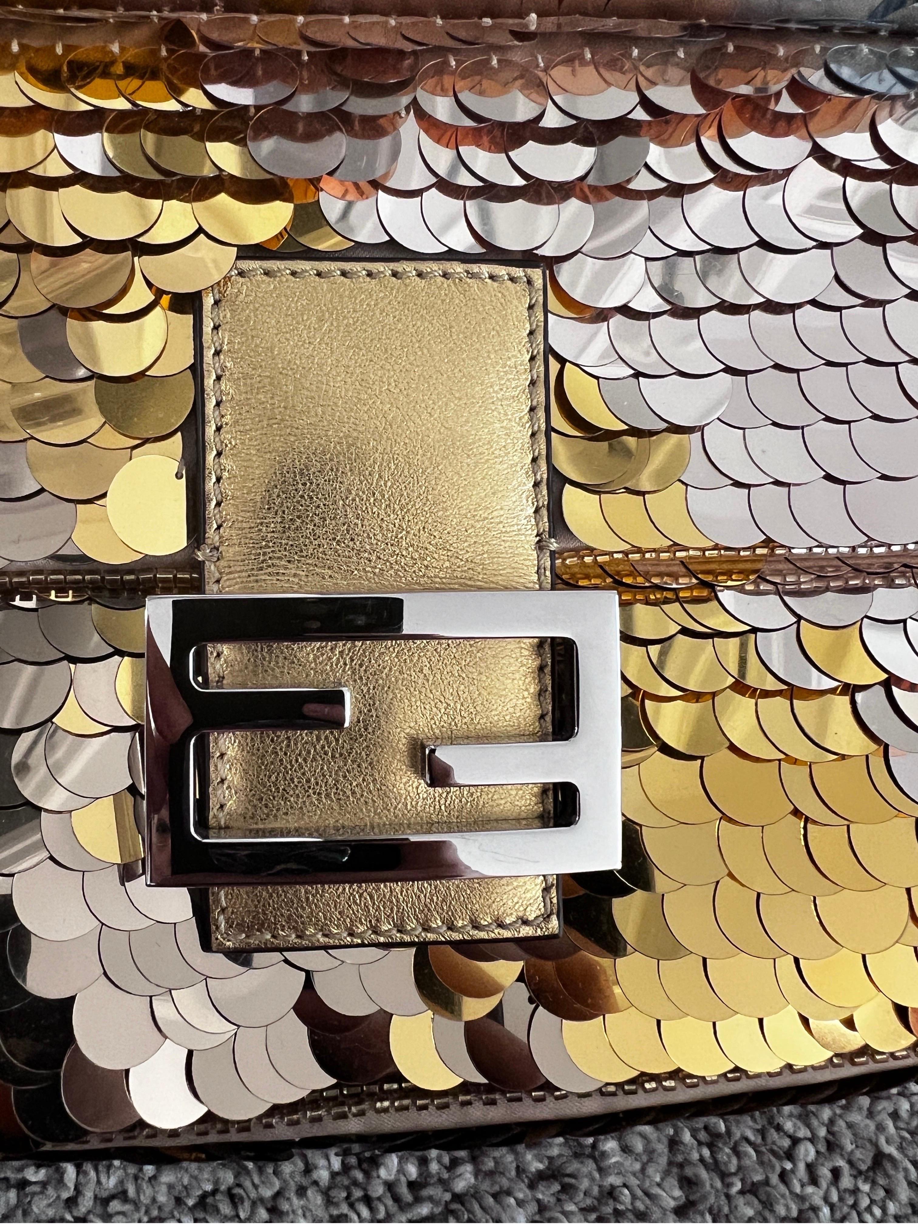 FENDI Sequin Paillettes Vitello Laminato Striped Baguette 1997 Oro Sfumato 6