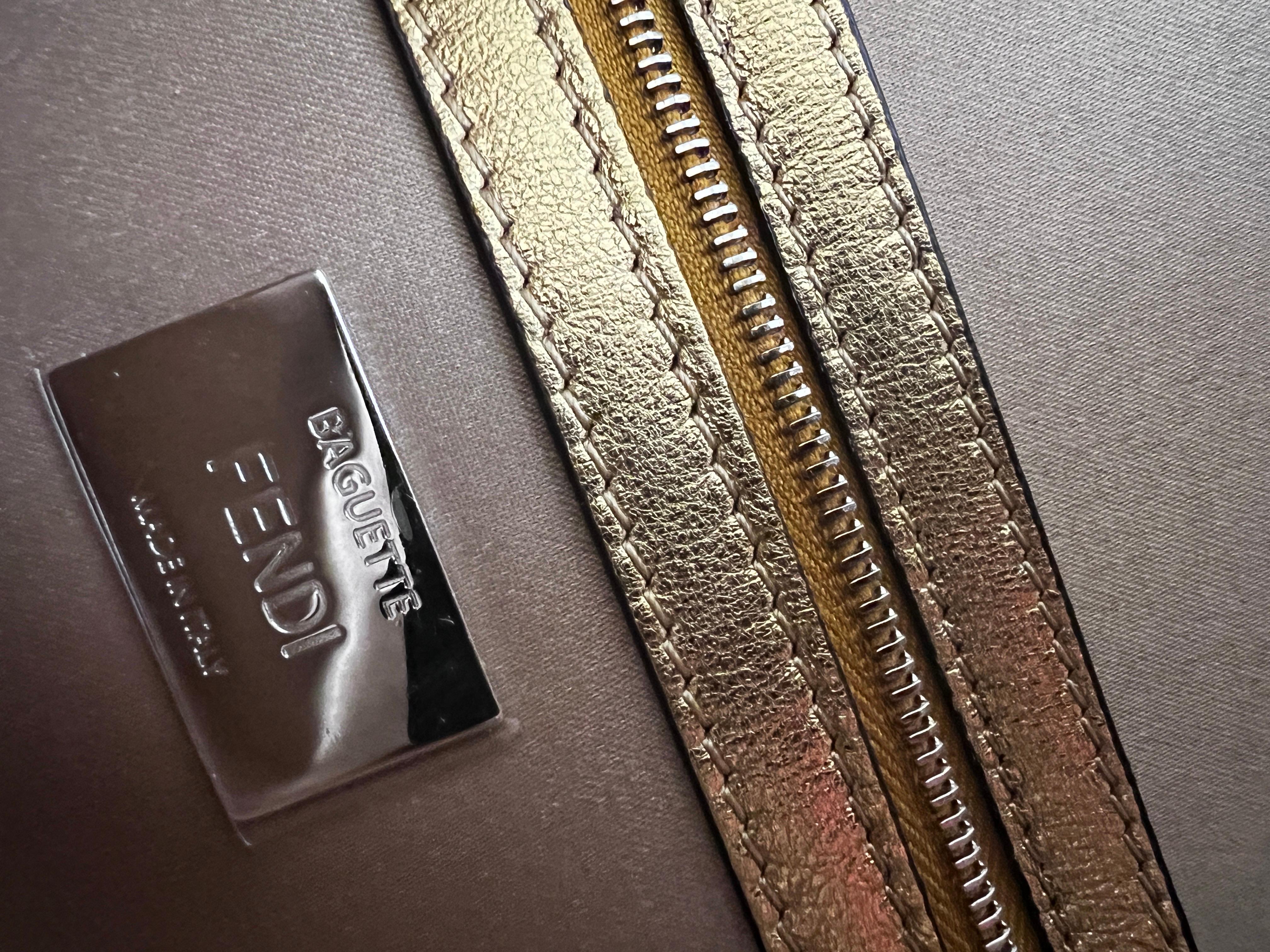 FENDI Sequin Paillettes Vitello Laminato Striped Baguette 1997 Oro Sfumato 2