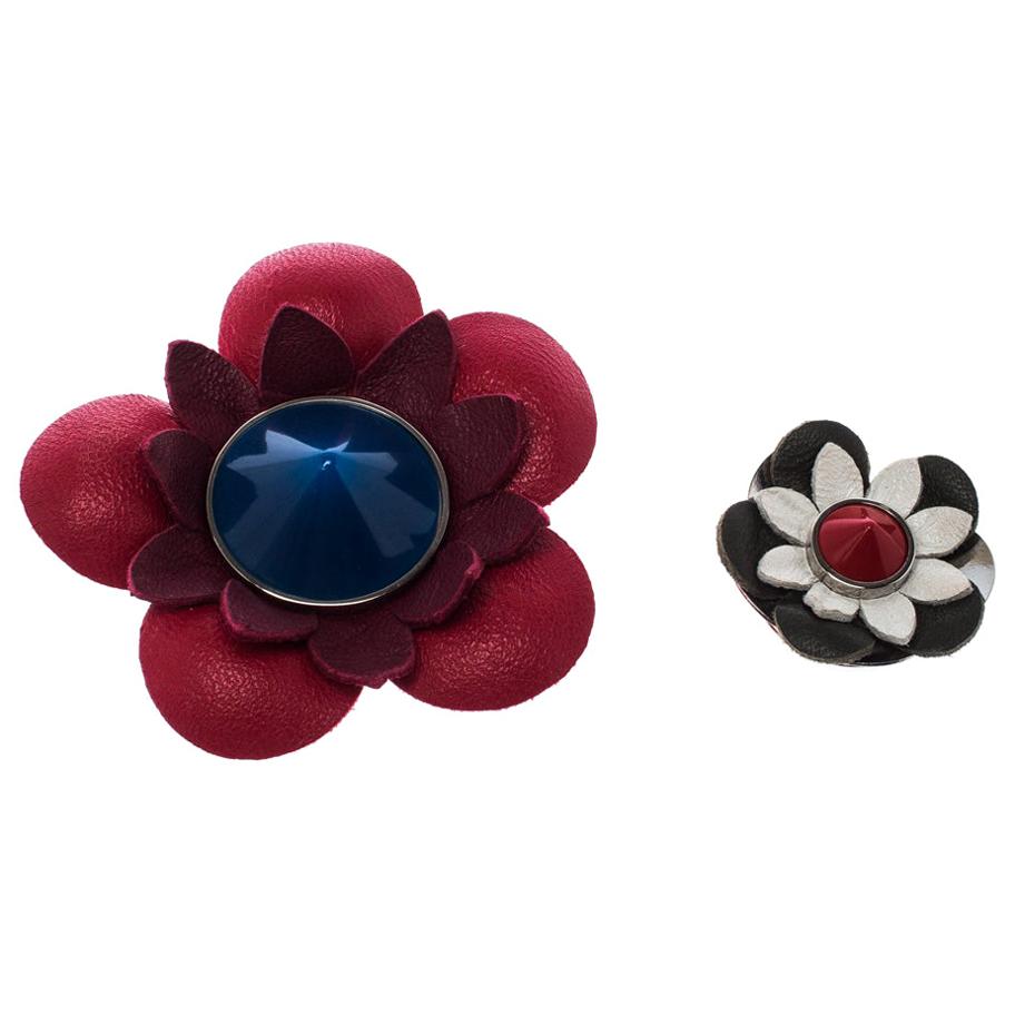 Fendi Set of 2 Multicolor Floral Leather Silver Tone Magnetic Brooches