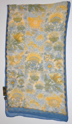 Fendi Collection of Floral Shades of Olive and Green Silk Chiffon Scarf
