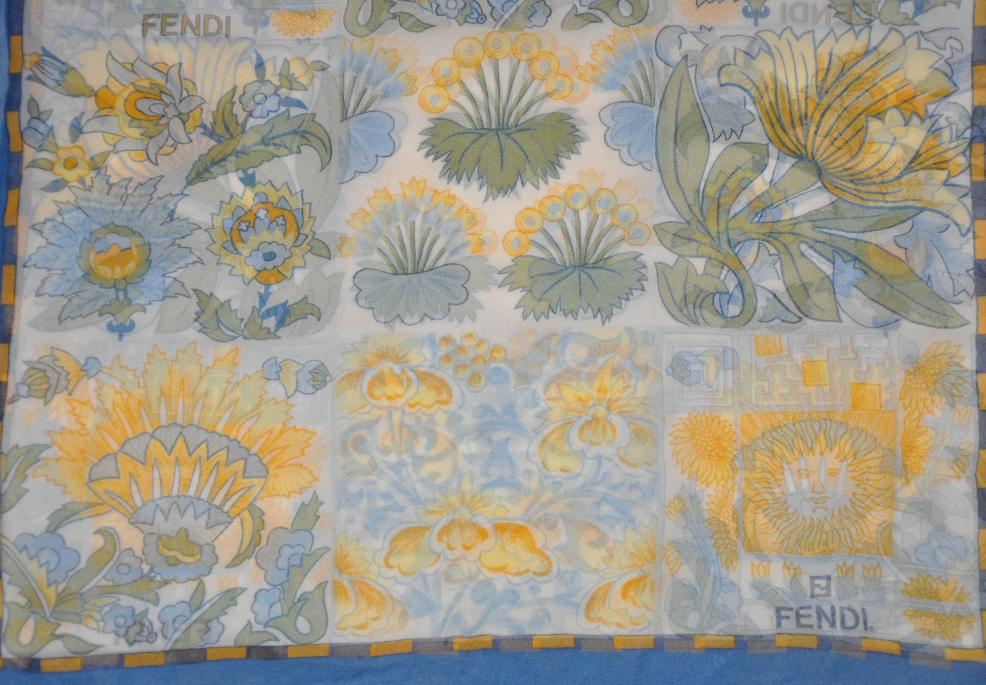 Fendi Collection of Floral Shades of Olive and Green Silk Chiffon Scarf ...