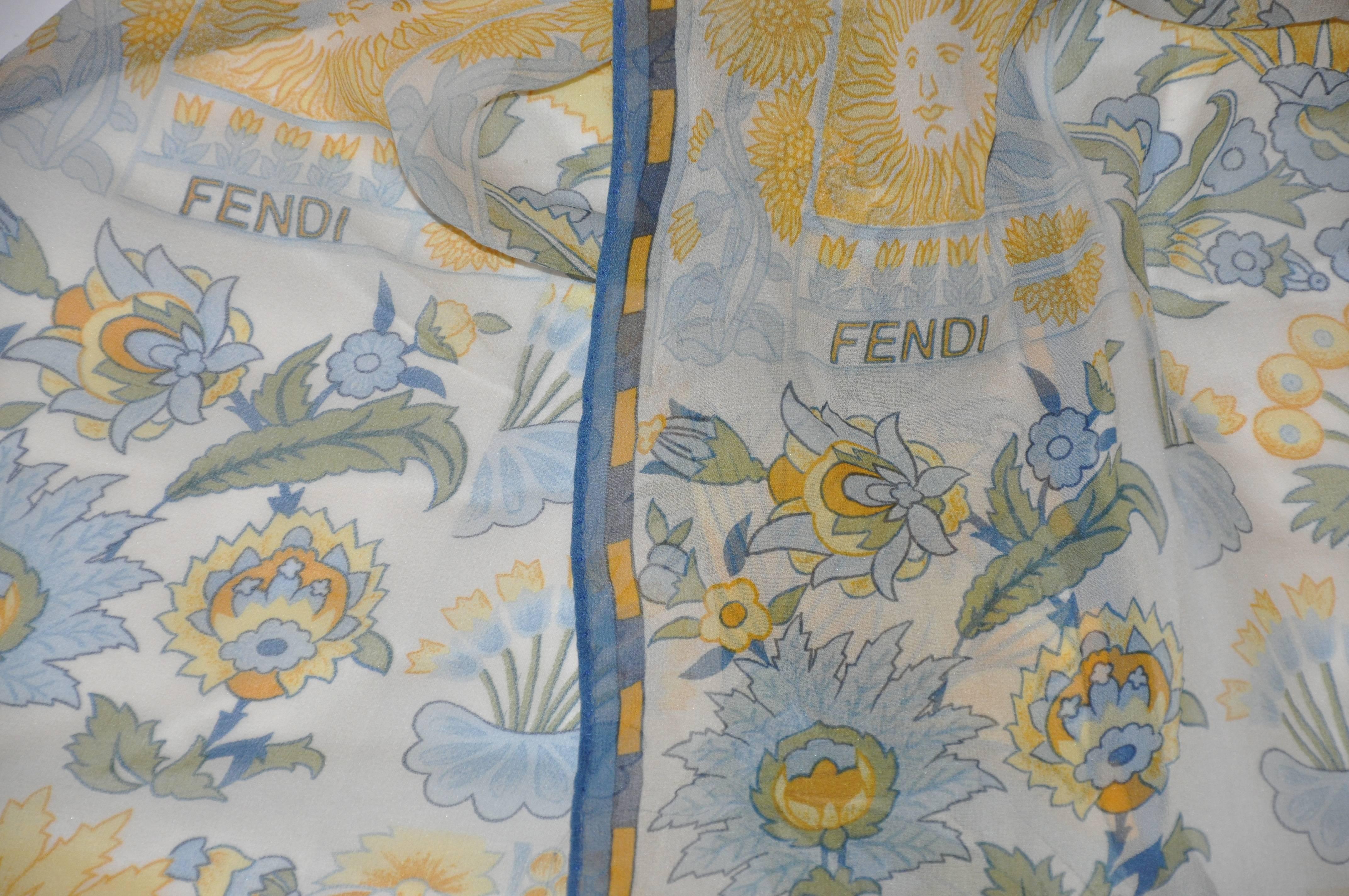 Fendi Collection of Floral Shades of Olive and Green Silk Chiffon Scarf In Good Condition For Sale In New York, NY