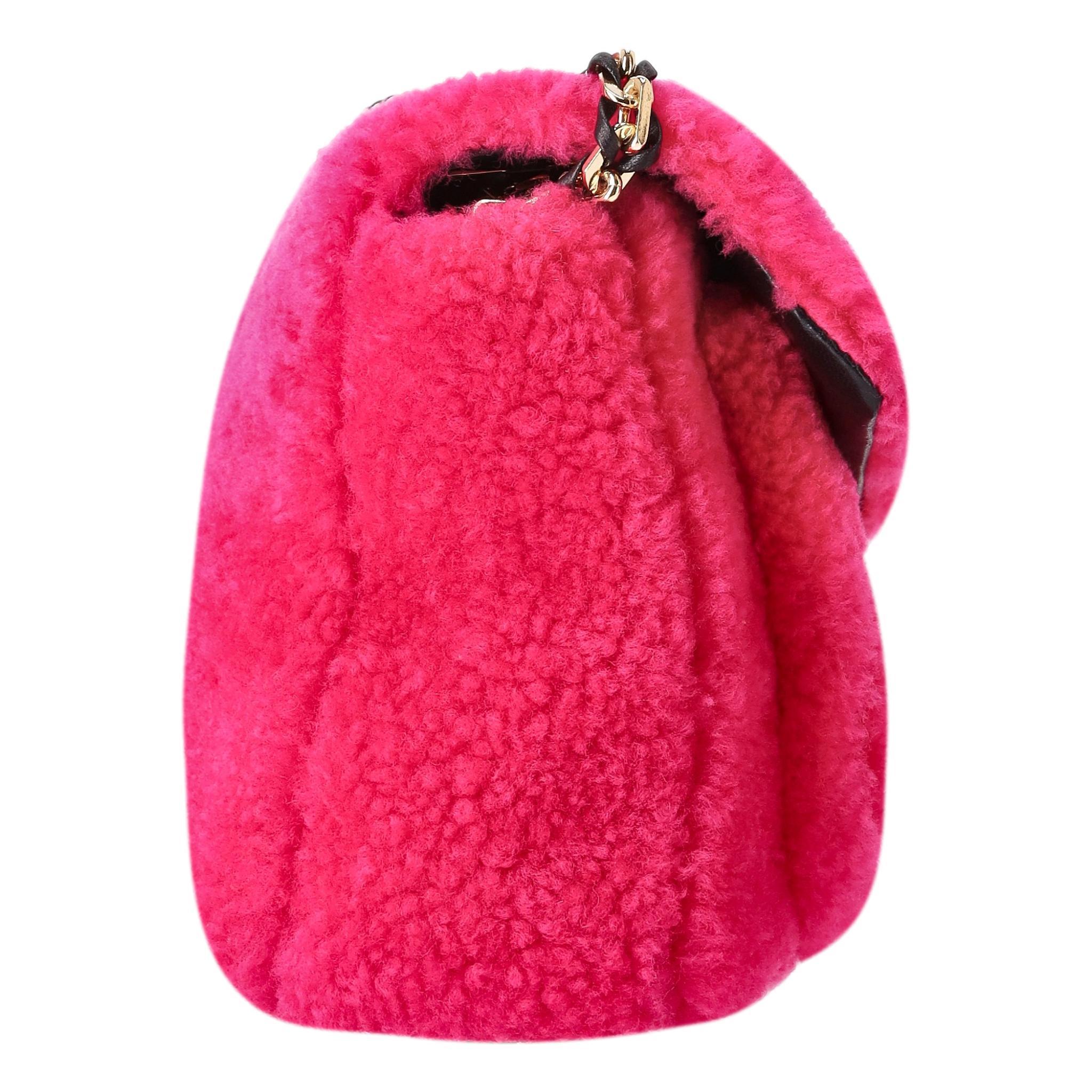 Red Fendi Shearling Rosa Fluo Baguette Handbag