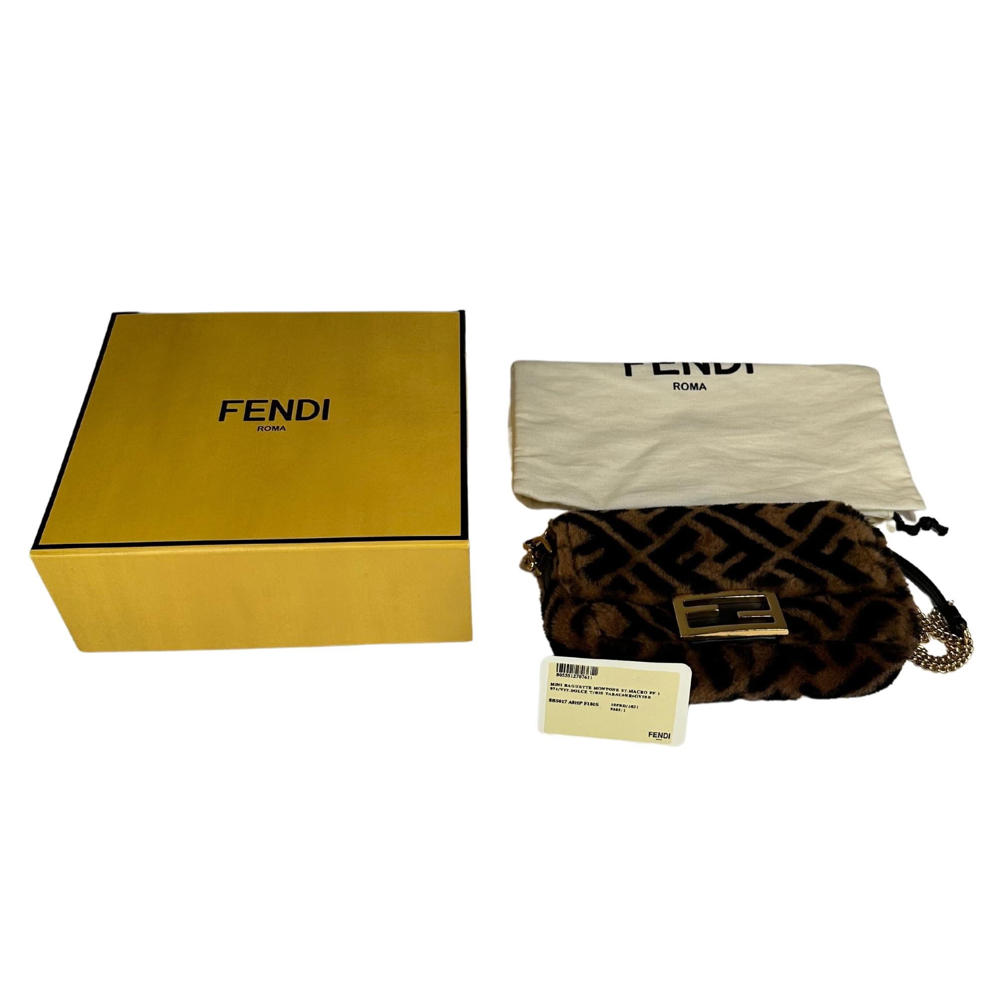 Fendi Shearling Tobacco FF 1974 Mini Baguette Bag For Sale 7