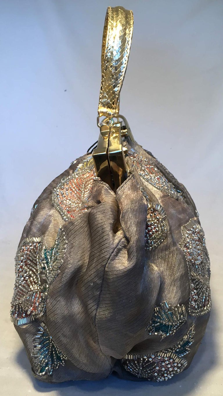 Fendi Sheer Silk Organza Hand Beaded Floral Embroidered Tote in very good condition. Sheer grey silk organza with multicolor embroidered and beaded flowers throughout. Gold hardware top hinge closure and Gold faux snakeskin handle. Top lift latch