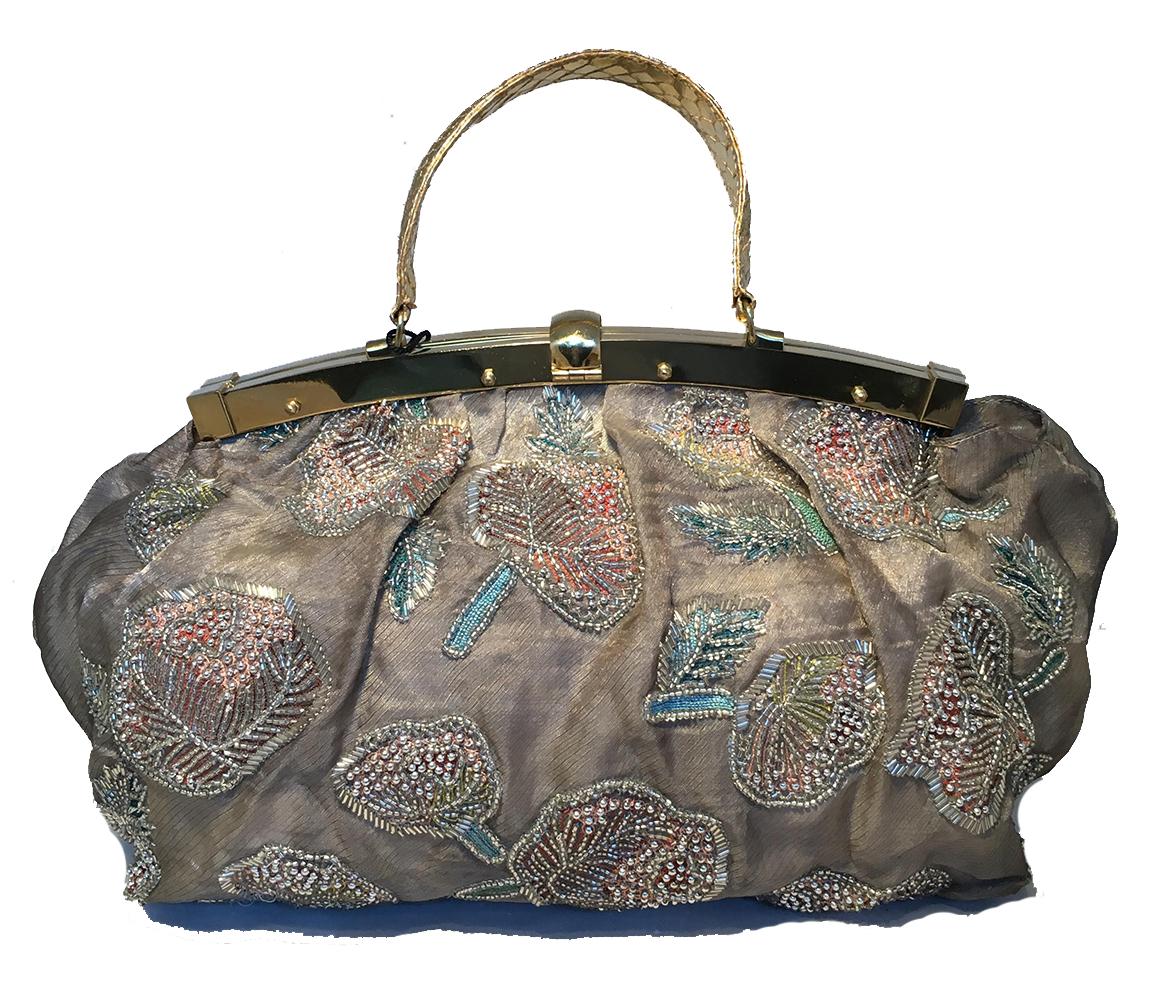 Bolso Fendi de organza de seda con cuentas bordadas a mano con motivos florales Gris en venta