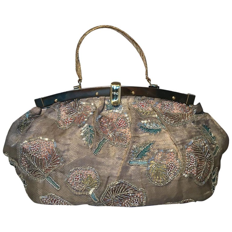 Fendi Sheer Silk Organza Hand Beaded Floral Embroidered Tote For Sale