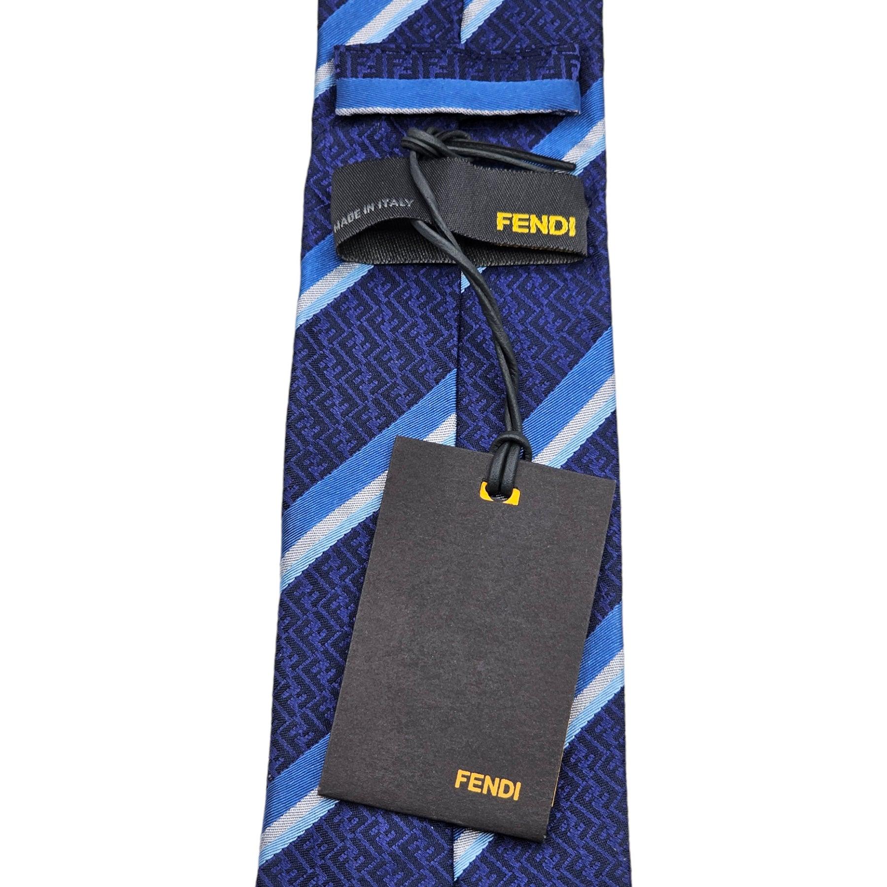 Fendi Silk Logo Skinny Necktie Tie in Blue White In Excellent Condition For Sale In Los Angeles, CA
