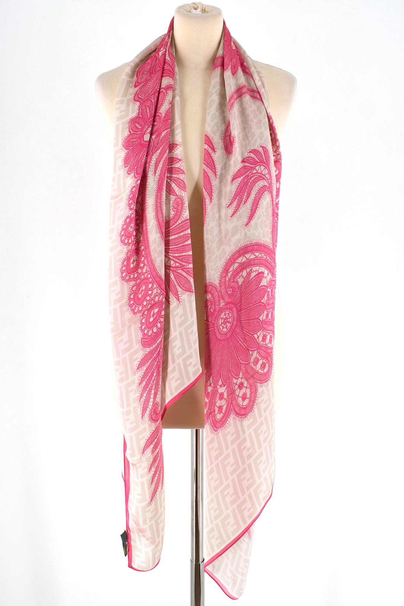 Fendi Silk Pink & Beige Floral Lace Print Monogram Scarf 

Soft silk, beige Fendi monogram scarf,
Pink floral pattern throughout, 
Lightweight 

Please note, these items are pre-owned and may show some signs of storage, even when unworn and unused.