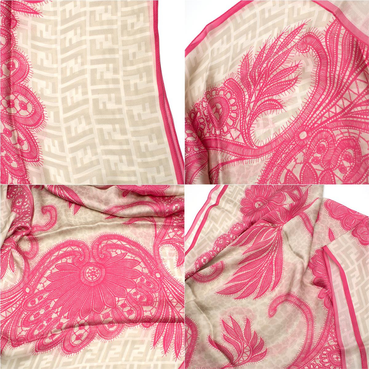 Fendi Silk Pink & Beige Floral Lace Print Monogram Scarf	 3