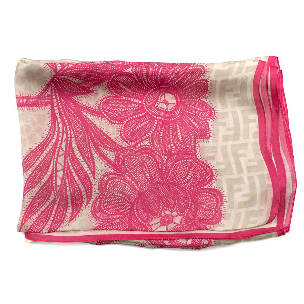 Fendi Silk Pink & Beige Floral Lace Print Monogram Scarf	 4