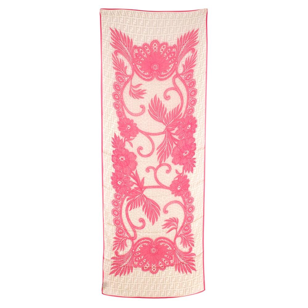 Fendi Silk Pink & Beige Floral Lace Print Monogram Scarf	