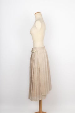 Fendi Silk Pleated Skirt with Beige Leather Strips