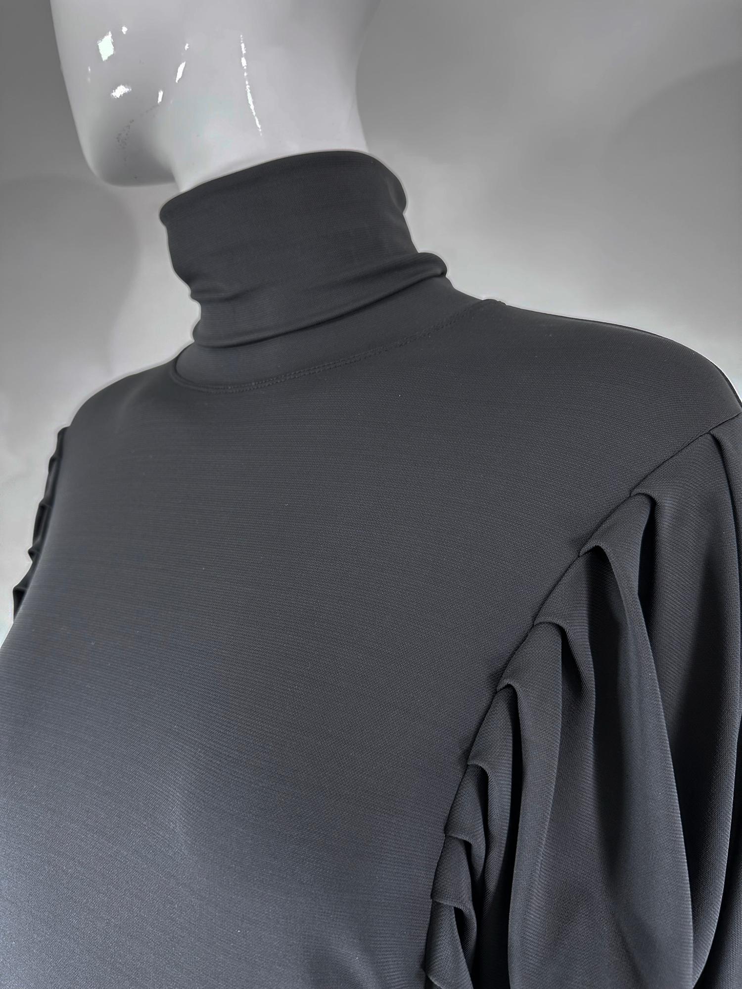 Fendi Silky Black Jersey Pleated Bat Wing Turtle Neck Dress 40 For Sale 9