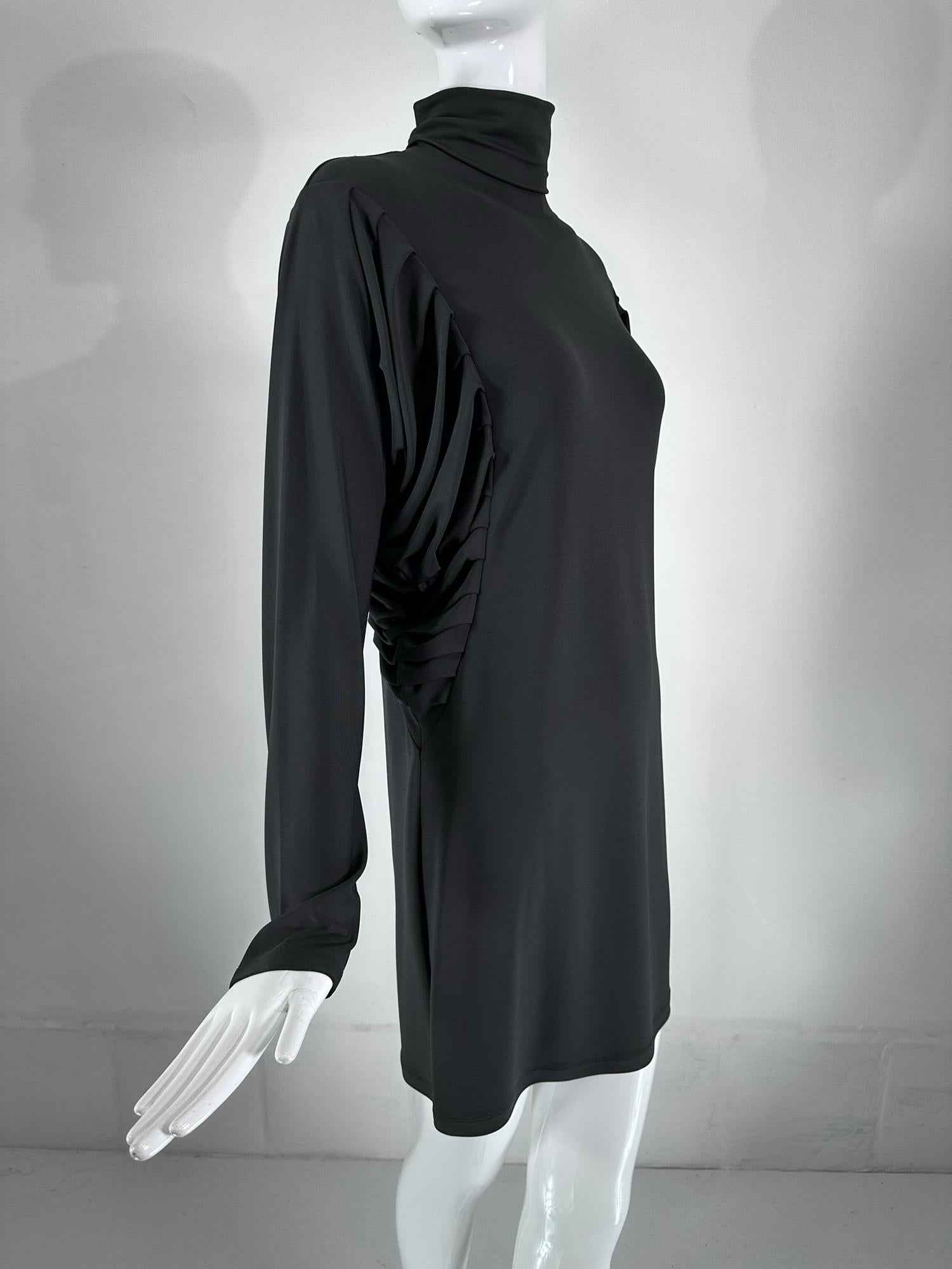 Fendi Silky Black Jersey Pleated Bat Wing Turtle Neck Dress 40 For Sale 1