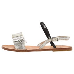 Fendi Silver/Black Textured Suede and Logo Elastic Flat Sandals Size 36