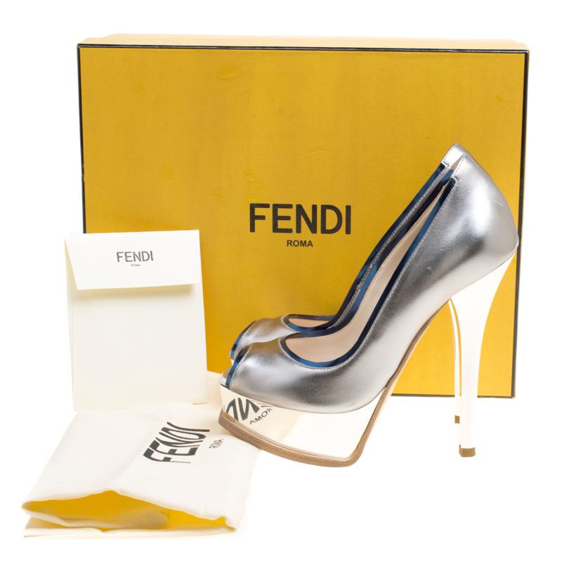 Fendi Silver/Blue Leather Fendista Peep Toe Platform Pumps Size 35 3