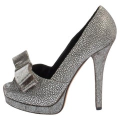 Fendi Silver Brocade Fabric and Leather Deco Bow Peep Toe Platform Pumps Size 38