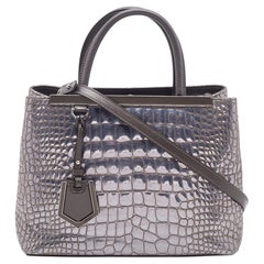 Fendi Silver/Brown Croc Embossed Patent Leather Small 2Jours Tote