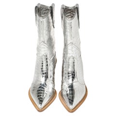 Fendi Silver Croc Embossed Leather Cutwalk Cowboy Boots Size 38