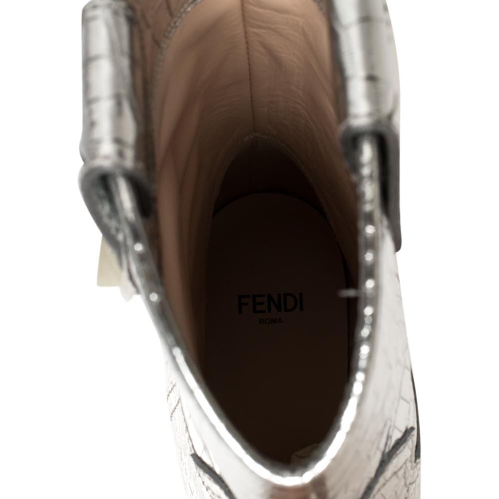 Fendi Silver Croc Embossed Leather Cutwalk Cowboy Boots Size 38 In New Condition In Dubai, Al Qouz 2