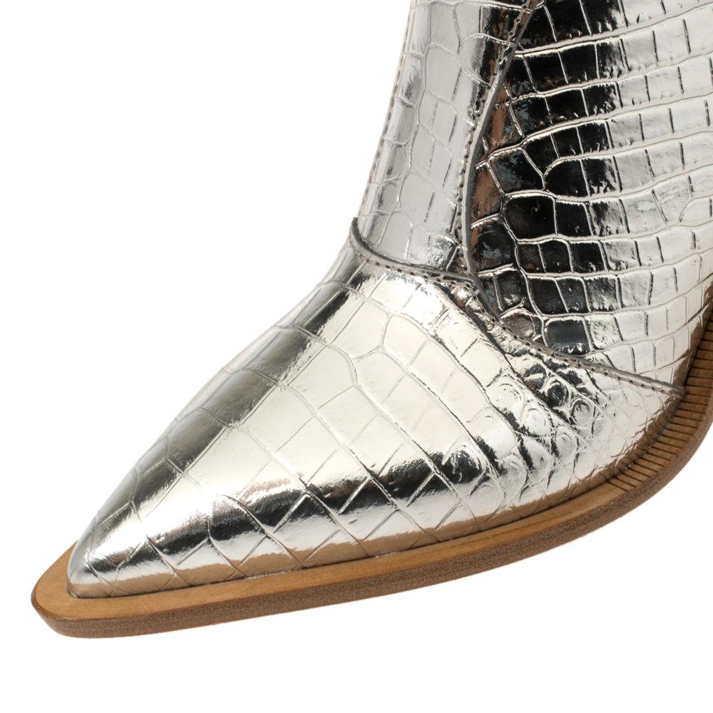 Women's Fendi Silver Croc Embossed Leather Cutwalk Cowboy Boots Size 38