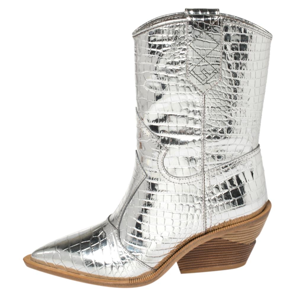 Fendi Silver Croc Embossed Leather Cutwalk Cowboy Boots Size 38 1