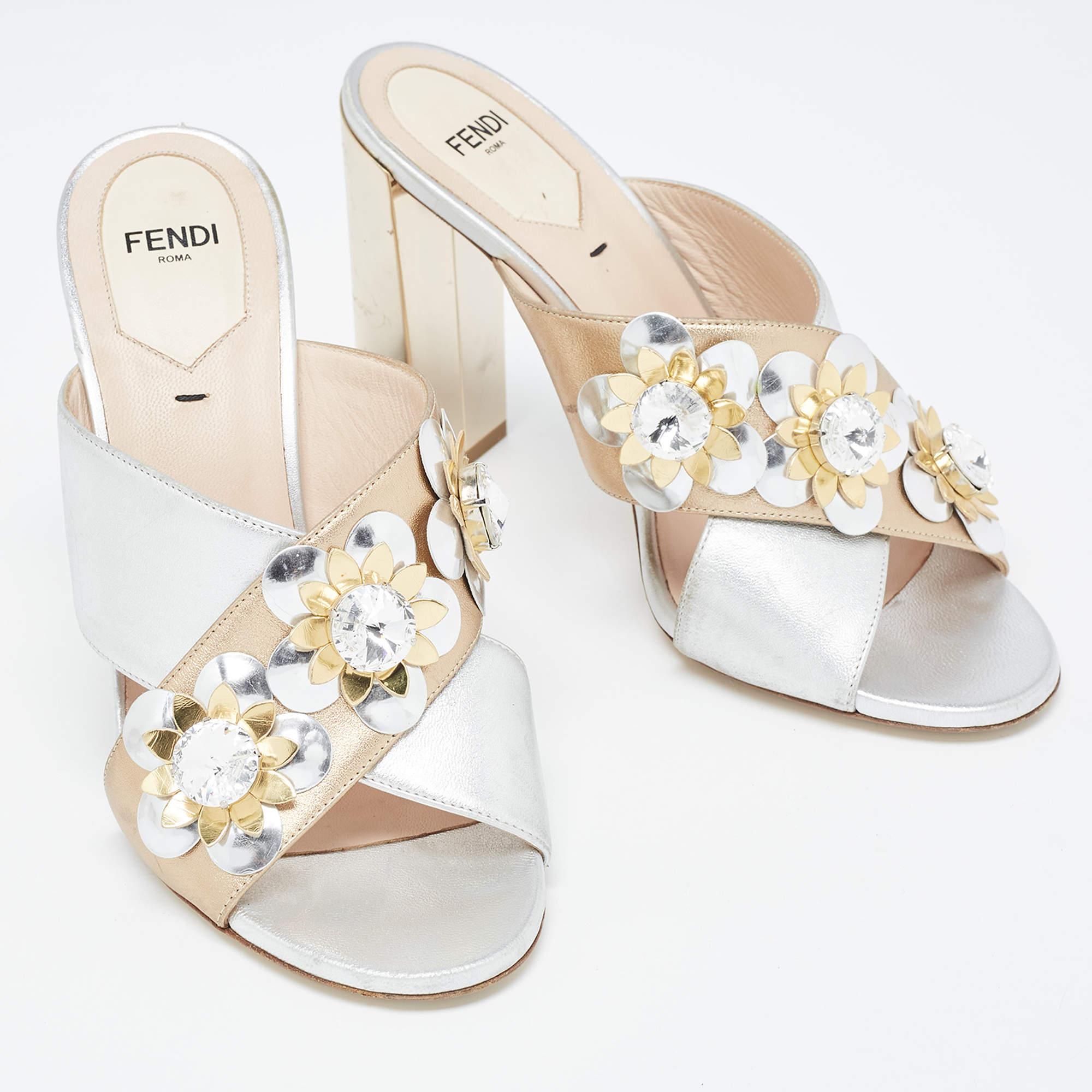 Women's Fendi Silver/Gold Leather Flowerland Slide Sandals Size 37.5