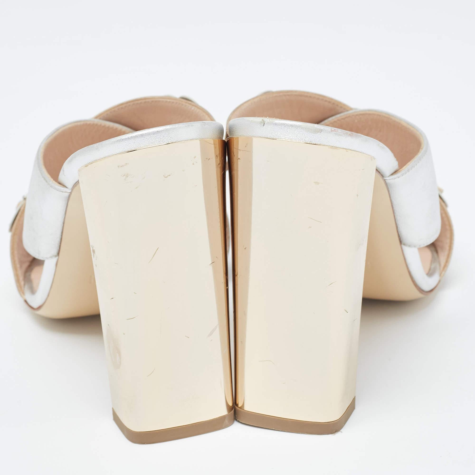 Fendi Silver/Gold Leather Flowerland Slide Sandals Size 37.5 1